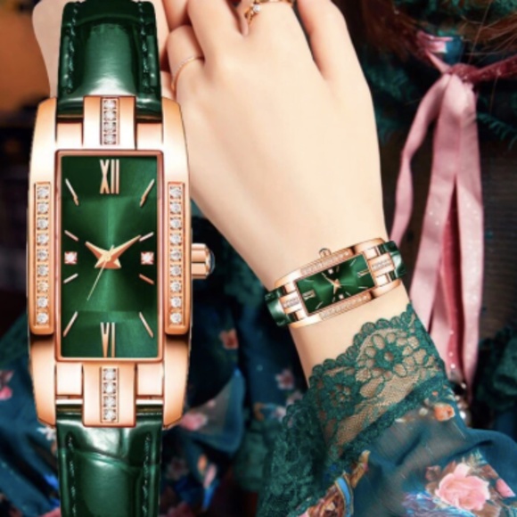 Elegant women's wrist watch with green shiny leather bracelet and golden frame - Picture 2 of 3